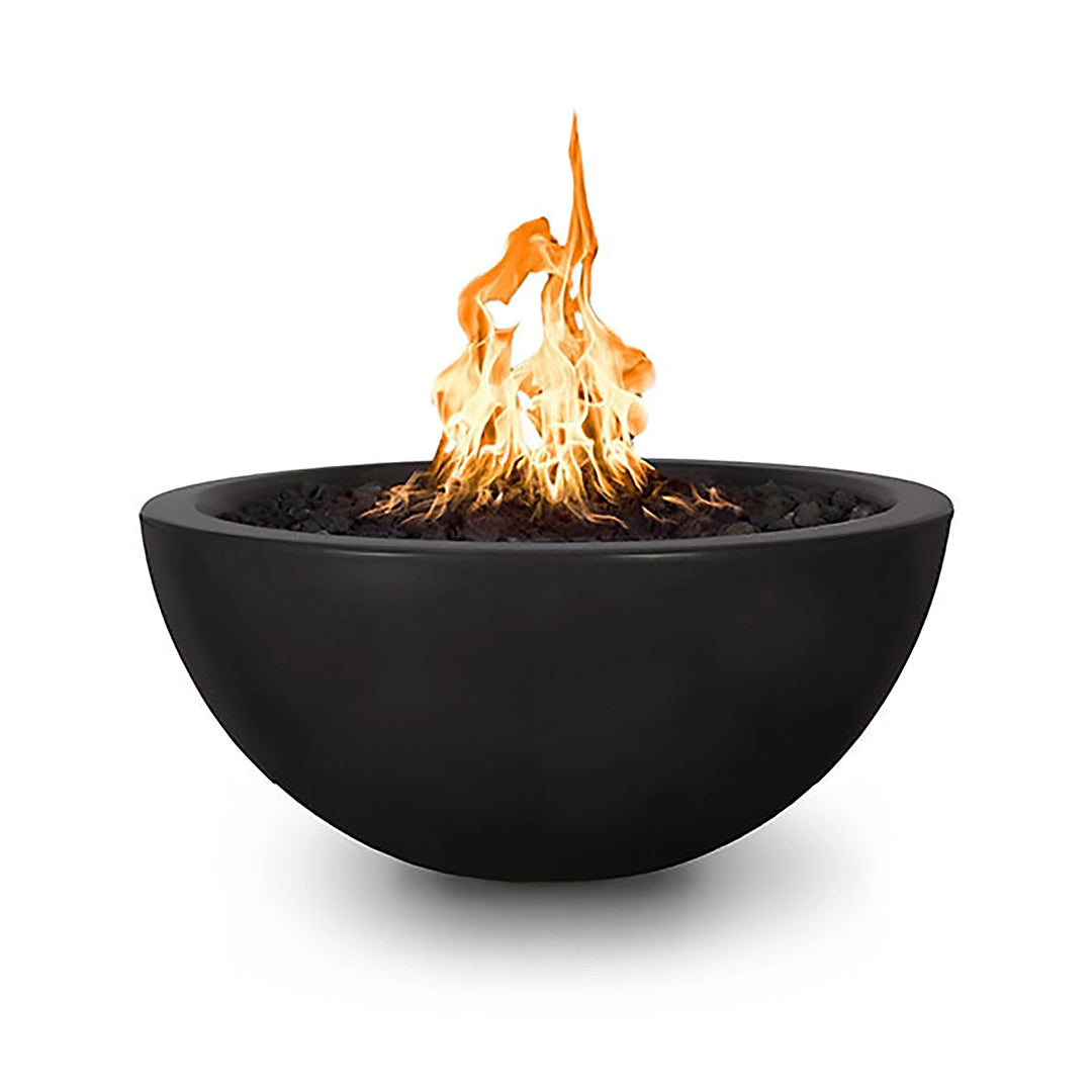 The Outdoor Plus 38-inch Luna Concrete Gas Fire Pit in black color, featuring a bold and minimalist design with a large flame rising from the center. The durable construction and modern look make it an excellent choice for contemporary outdoor spaces. Ideal for backyard gatherings, poolside installations, and luxurious outdoor living areas.