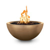 The Outdoor Plus 38-inch Luna Concrete Gas Fire Pit in bronze finish, displaying a smooth, curved bowl with a striking flame. This fire pit adds warmth and elegance to outdoor settings, designed for long-lasting durability and weather resistance. Ideal for high-end patios, modern terraces, and sophisticated backyard spaces