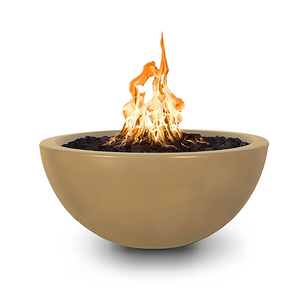 The Outdoor Plus 38-inch Luna Concrete Gas Fire Pit in brown, presenting a stylish, modern look with a centered flame. This fire pit is perfect for adding warmth and ambiance to any outdoor setting. Designed for durability and made to withstand outdoor conditions, it's perfect for upscale backyards, patios, and outdoor living spaces.