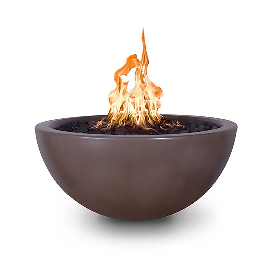 The Outdoor Plus 38-inch Luna Concrete Gas Fire Pit in chestnut color, highlighting a smooth, rounded design with a vibrant flame. This fire pit enhances outdoor environments with its modern aesthetic and reliable performance. Ideal for patios, luxurious outdoor seating areas, and backyard gathering spaces