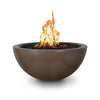 The Outdoor Plus 38-inch Luna Concrete Gas Fire Pit in chocolate color, featuring a minimalist design with a natural gas or propane burner. This fire pit brings warmth and elegance to outdoor spaces, offering both functionality and style. Perfect for modern patios, outdoor lounges, and backyard settings