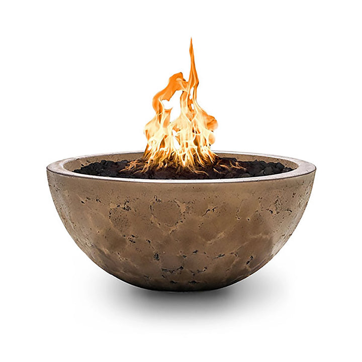 The Outdoor Plus 38-inch Luna Concrete Gas Fire Pit in coffee finish, showcasing a contemporary bowl design with a centered flame for a luxurious ambiance. This fire pit is made of high-quality materials, built for longevity in outdoor environments. It’s an excellent feature for upscale backyards, outdoor seating areas, and patio installations