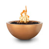 The Outdoor Plus 38-inch Luna Concrete Gas Fire Pit in copper, presenting a vibrant and elegant design with a central flame. This fire pit is perfect for creating a cozy atmosphere in outdoor living spaces. Constructed for durability, it’s ideal for luxury patios, garden lounges, and poolside areas