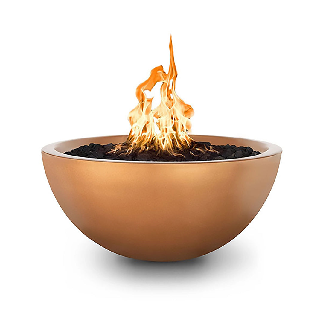 The Outdoor Plus 38-inch Luna Concrete Gas Fire Pit in copper, presenting a vibrant and elegant design with a central flame. This fire pit is perfect for creating a cozy atmosphere in outdoor living spaces. Constructed for durability, it’s ideal for luxury patios, garden lounges, and poolside areas