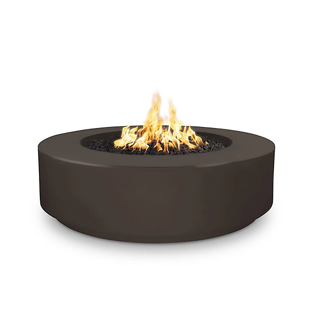 The Outdoor Plus 42-inch Occasional Height Florence Concrete Gas Fire Pit in rich chocolate color. Its circular design and durable concrete construction provide an elegant yet sturdy centerpiece for outdoor entertaining spaces. Suitable for use with propane or natural gas, this fire pit is an excellent addition to any patio or garden