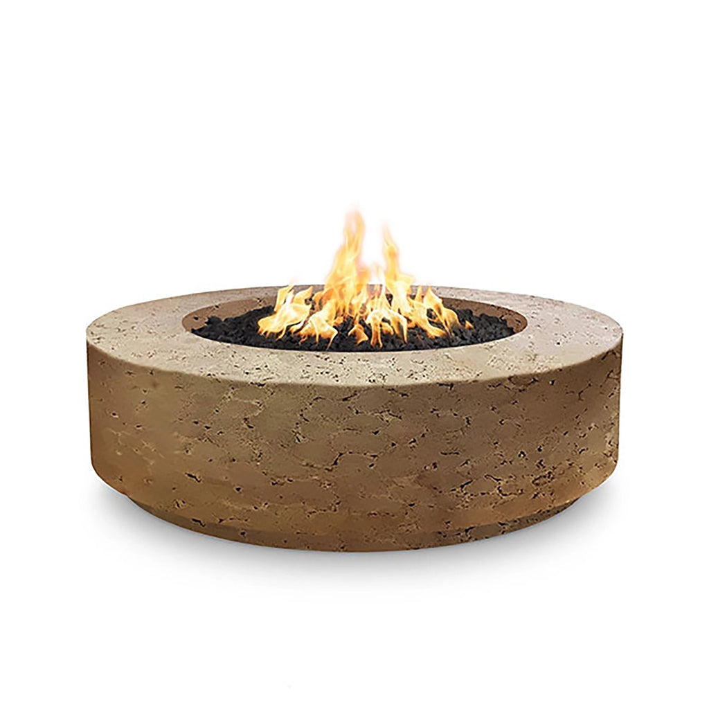 The Outdoor Plus 42-inch Occasional Height Florence Concrete Gas Fire Pit in coffee finish features a modern, circular design perfect for enhancing outdoor spaces. Made from durable concrete, this fire pit adds warmth and ambiance, whether fueled by propane or natural gas. The coffee color offers a sleek look for patios and gardens