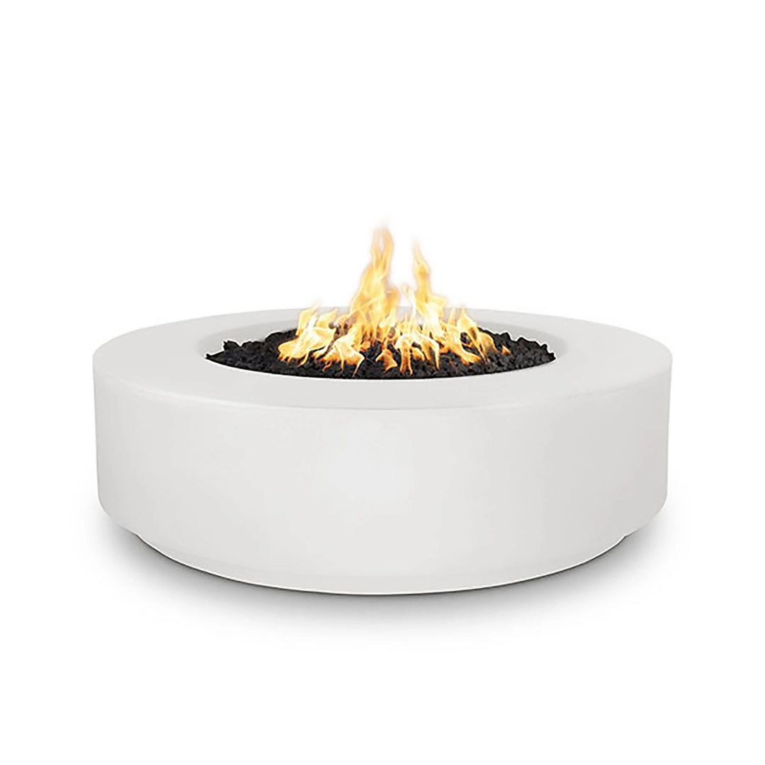 The Outdoor Plus 42" Occasional Height Florence Gas Fire Pit in White Limestone finish. A striking round concrete fire pit with a natural stone-like texture, ideal for creating a modern, sophisticated outdoor environment. Its gas burner makes it both practical and stylish for outdoor heating.
