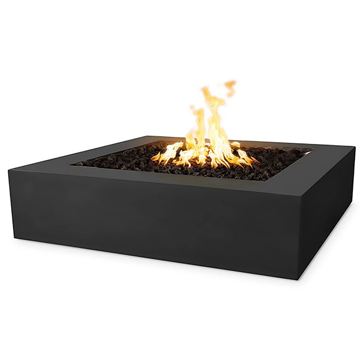 The Outdoor Plus 42" Quad Concrete Gas Fire Pit in bold black showcases a striking modern square shape. This fire pit is designed to complement contemporary outdoor spaces, offering powerful warmth and aesthetic appeal. The durable black concrete body houses a natural gas burner and lava rocks for a luxurious outdoor experience.