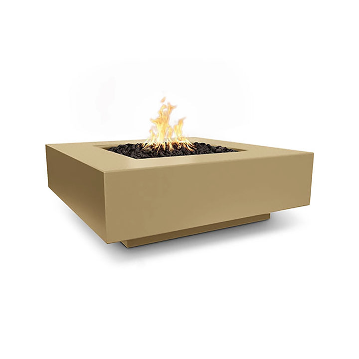 The Outdoor Plus 48" Cabo Square Concrete Gas Fire Pit in brown finish enhances outdoor living spaces with its modern and sophisticated appearance. Its earthy brown tone blends naturally with outdoor surroundings while providing a sleek design. This square gas fire pit features a strong concrete body with black lava rock, making it both functional and stylish for any patio or garden.