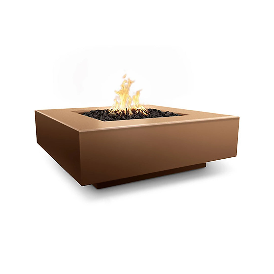 The Outdoor Plus 48" Cabo Square Concrete Gas Fire Pit in copper finish exudes luxury and style. Its copper-colored body adds a striking visual appeal to any outdoor space, creating a perfect balance between modern design and functional fire features. The square structure and premium concrete materials ensure long-lasting durability. Lava rocks create a beautiful contrast with the copper tone. 