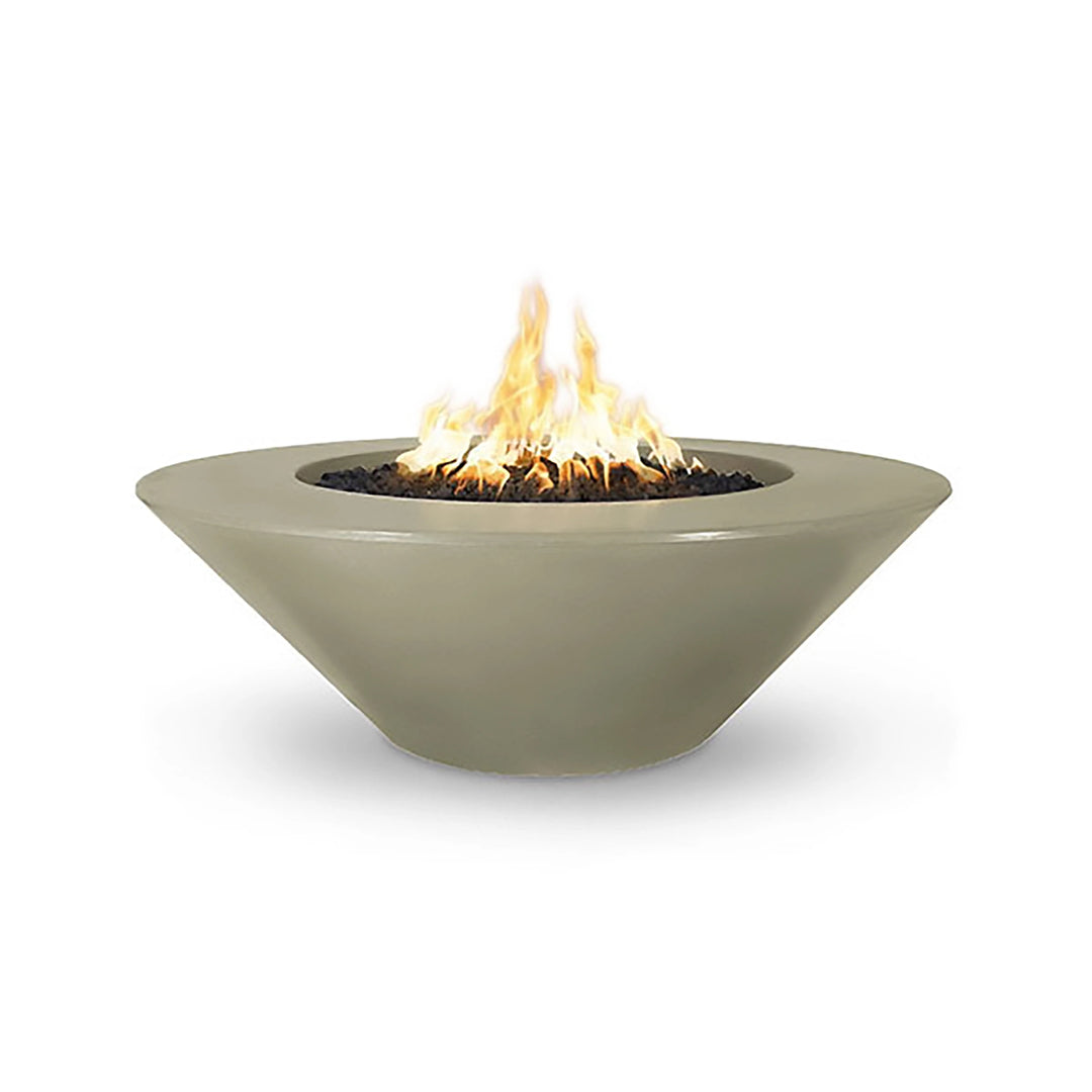 The Outdoor Plus 48" Cazo Wide Ledge Concrete Gas Fire Pit in ash color, featuring a wide ledge for added functionality. Its smooth concrete finish complements outdoor spaces, providing a modern and minimalist look. Designed with a circular bowl shape, this gas fire pit is ideal for contemporary patios and backyards, making it a great focal point for outdoor gatherings.