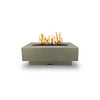 The Outdoor Plus 48" Del Mar Concrete Gas Fire Pit in a cool ash tone, offering a front view that showcases its modern geometric shape and sleek design. This outdoor fire pit is crafted for durability and performance, featuring a clean, linear flame that provides warmth and ambiance for outdoor gatherings and leisure.