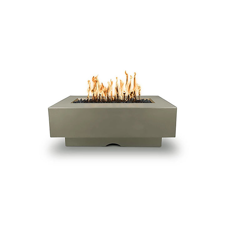 The Outdoor Plus 48" Del Mar Concrete Gas Fire Pit in a cool ash tone, offering a front view that showcases its modern geometric shape and sleek design. This outdoor fire pit is crafted for durability and performance, featuring a clean, linear flame that provides warmth and ambiance for outdoor gatherings and leisure.