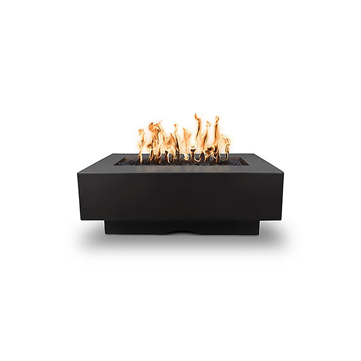 The Outdoor Plus 48" Del Mar Concrete Gas Fire Pit in elegant black, highlighted in a front-facing view to showcase its sharp, modern edges and minimalistic aesthetic. This luxury outdoor fire pit is made from premium concrete and designed for both natural gas and propane use, making it perfect for enhancing upscale outdoor living spaces.