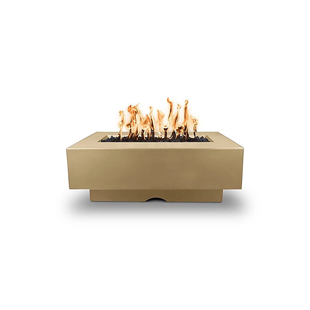 The Outdoor Plus 48" Del Mar Concrete Gas Fire Pit in a warm brown tone, shown in a front view to accentuate its earthy appeal and streamlined design. Featuring a linear flame and solid concrete construction, this outdoor gas fire pit provides a cozy ambiance for any backyard or patio, perfect for both modern and rustic outdoor decor themes.