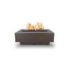 The Outdoor Plus 48" Del Mar Concrete Gas Fire Pit in a rich chestnut color, offering a front-facing perspective that showcases its sturdy construction and sophisticated style. This concrete fire pit is designed for optimal performance and longevity, equipped with a powerful burner to deliver consistent warmth and visual appeal in outdoor settings.