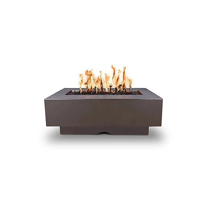 The Outdoor Plus 48" Del Mar Concrete Gas Fire Pit in a rich chestnut color, offering a front-facing perspective that showcases its sturdy construction and sophisticated style. This concrete fire pit is designed for optimal performance and longevity, equipped with a powerful burner to deliver consistent warmth and visual appeal in outdoor settings.