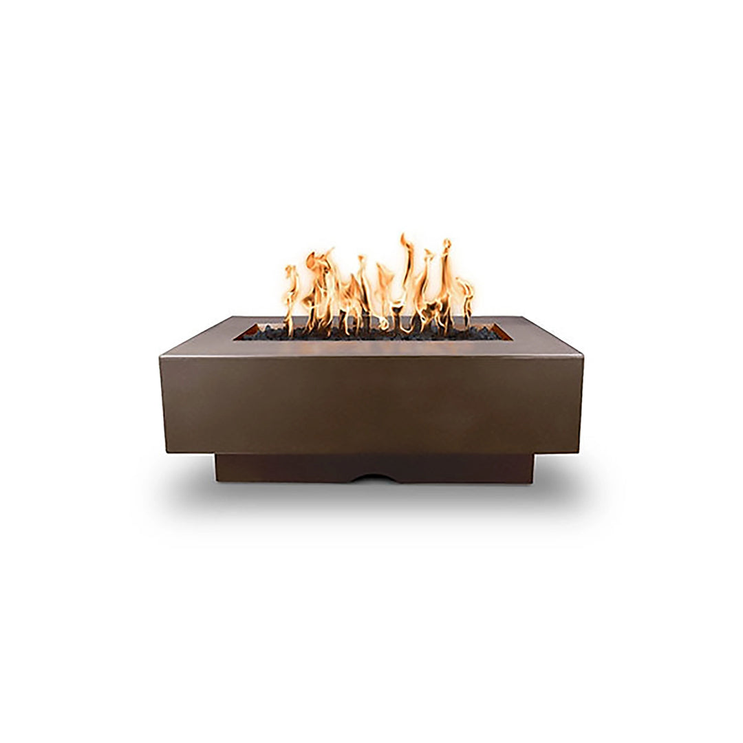 The Outdoor Plus 48" Del Mar Concrete Gas Fire Pit in deep chocolate, depicted from a front view, highlighting its robust structure and sleek, rectangular shape. Crafted for durability, this modern fire pit adds a touch of elegance and functionality to any outdoor space, providing an inviting atmosphere for gatherings and relaxation.