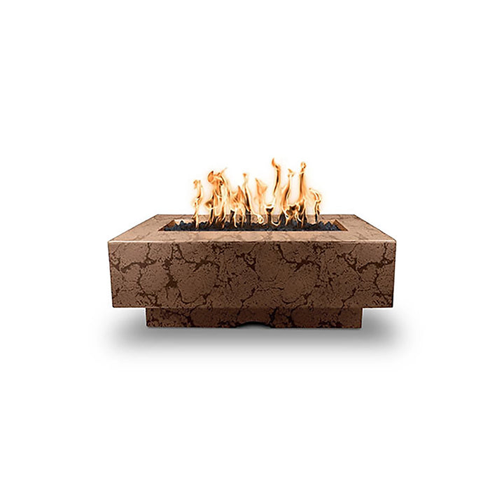 The Outdoor Plus 48" Del Mar Concrete Gas Fire Pit in a coffee finish, displayed in a front view that emphasizes its smooth surface and contemporary look. This fire pit is perfect for outdoor entertaining, made from premium materials and offering a clean, smoke-free flame experience for both residential and commercial use.