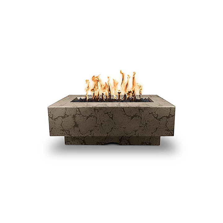 The Outdoor Plus 48" Del Mar Concrete Gas Fire Pit in moss stone finish, featuring a natural stone-like appearance with a rich, textured surface. The smooth rectangular design and integrated base provide a contemporary look, while the earthy tone complements outdoor landscapes. This fire pit is ideal for creating a warm and inviting atmosphere in residential and commercial spaces.