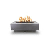 The Outdoor Plus 48" Del Mar Concrete Gas Fire Pit in natural gray finish, showcasing a marble-like texture with intricate veining that gives it a sophisticated, refined look. Its rectangular design and solid concrete build make it a stunning centerpiece for high-end patios and outdoor living areas.