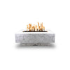 The Outdoor Plus 48" Del Mar Concrete Gas Fire Pit in rustic white finish, featuring a distressed, textured surface that offers a unique weathered appearance. This rectangular fire pit combines rustic and modern design elements, making it a standout piece for upscale patios and outdoor living areas. Ideal for both residential and commercial use.