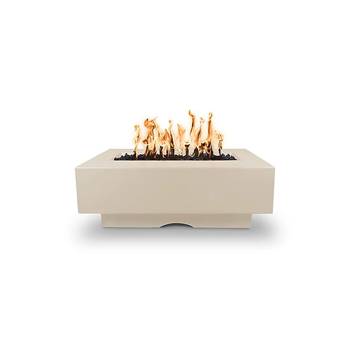 The Outdoor Plus 48" Del Mar Concrete Gas Fire Pit in vanilla finish, offering a soft, smooth surface with a refined and elegant appearance. The simple rectangular silhouette and integrated base make it a versatile addition to modern outdoor spaces. Suitable for residential and commercial patios, this fire pit combines style and functionality