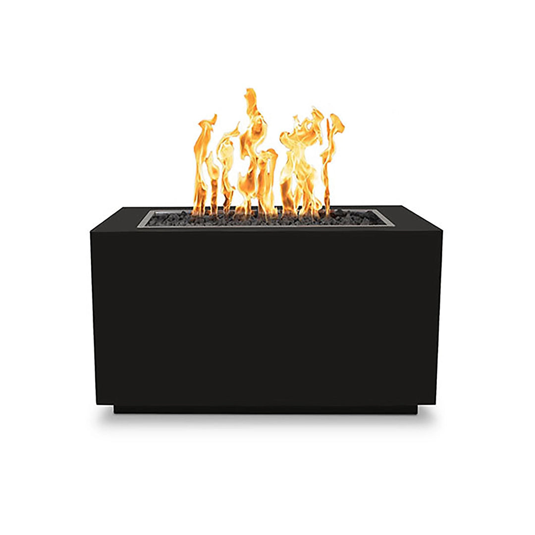 The Outdoor Plus 48-inch Pismo Steel Gas Fire Pit in black powder-coated steel finish. This rectangular outdoor fire pit features a sleek modern design, perfect for enhancing any backyard or patio space. Equipped with a high-quality burner system and a durable steel frame, it offers a stunning flame display for warmth and ambiance. Ideal for residential or commercial use, this luxury gas fire pit is weather-resistant and designed for longevity. 