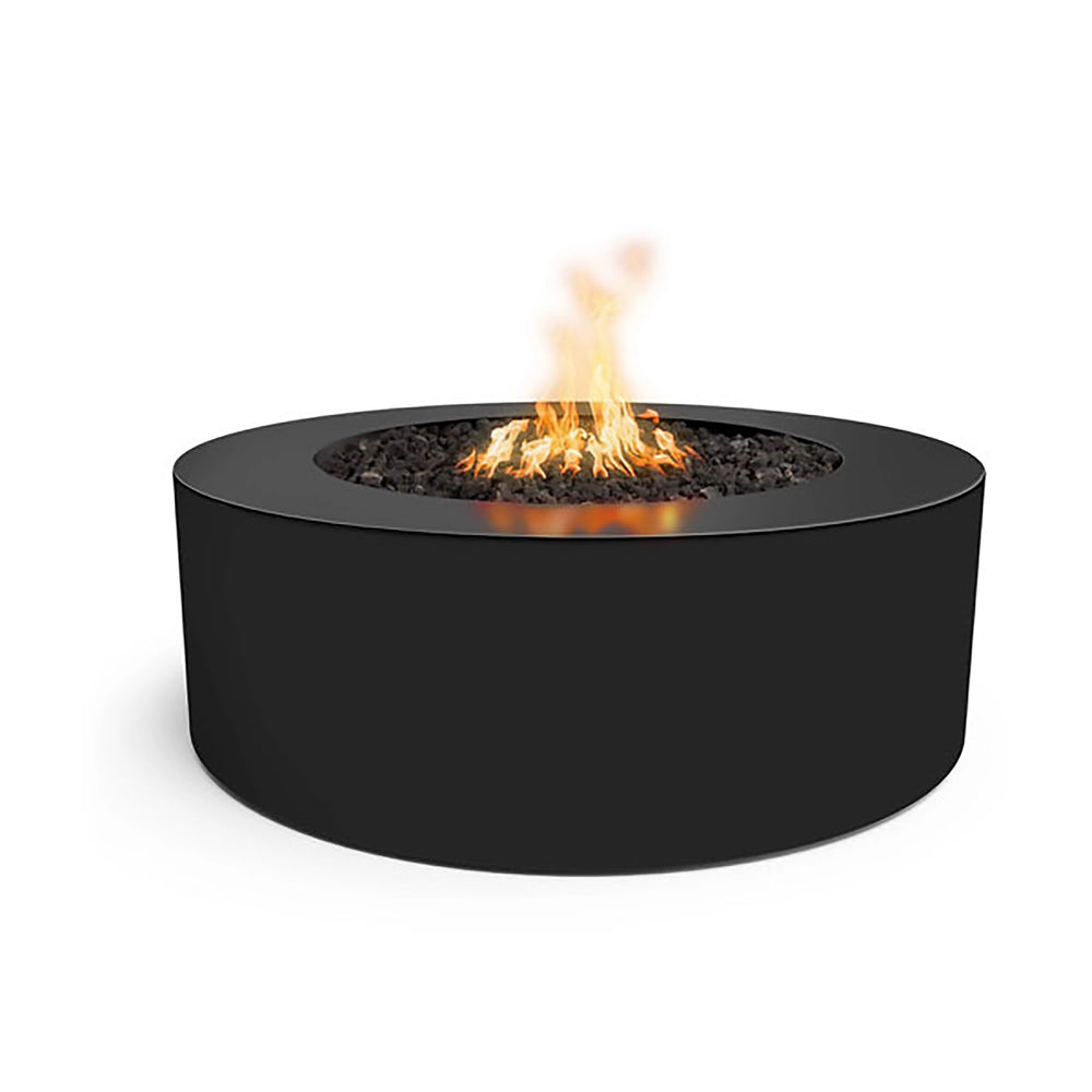 The Outdoor Plus 48-inch Round Unity Fire Pit in a matte black finish, showcasing a minimalist, contemporary design with a deep fire basin. The smooth black exterior contrasts beautifully with the bright flames, making it a striking centerpiece for outdoor spaces. 