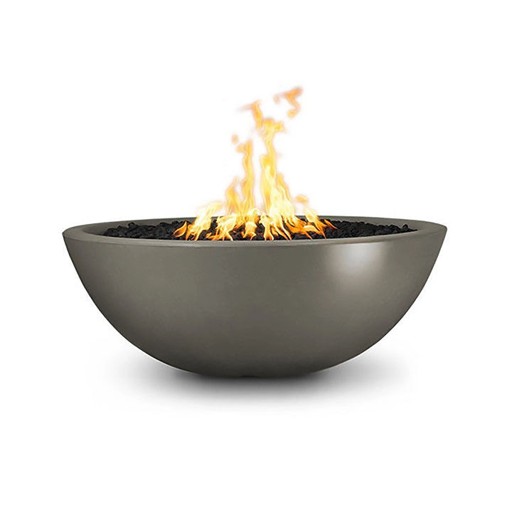  The Outdoor Plus 48" Sedona Concrete Gas Fire Pit in Ash color, featuring a modern, round bowl design. This premium fire pit showcases a beautiful gray finish with a full, flickering flame. Perfect for creating an inviting atmosphere in outdoor settings, this gas fire pit includes high-quality construction and is suitable for both residential and commercial spaces.