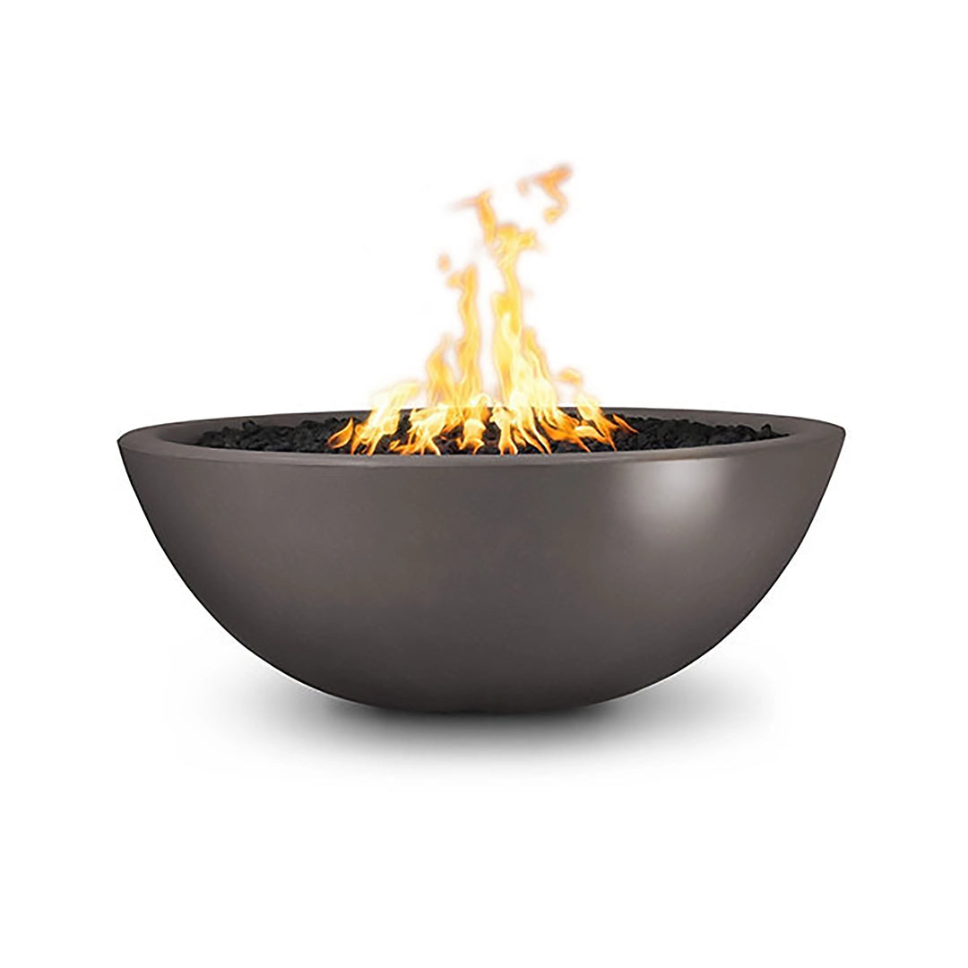 The Outdoor Plus 48" Sedona Concrete Gas Fire Pit in Chestnut, highlighting a deep, rich brown tone that complements rustic and modern outdoor settings alike. The carefully designed bowl shape enhances the flame presentation, making it a perfect addition to patios and garden areas. This fire pit offers exceptional durability and an attractive focal point for gatherings