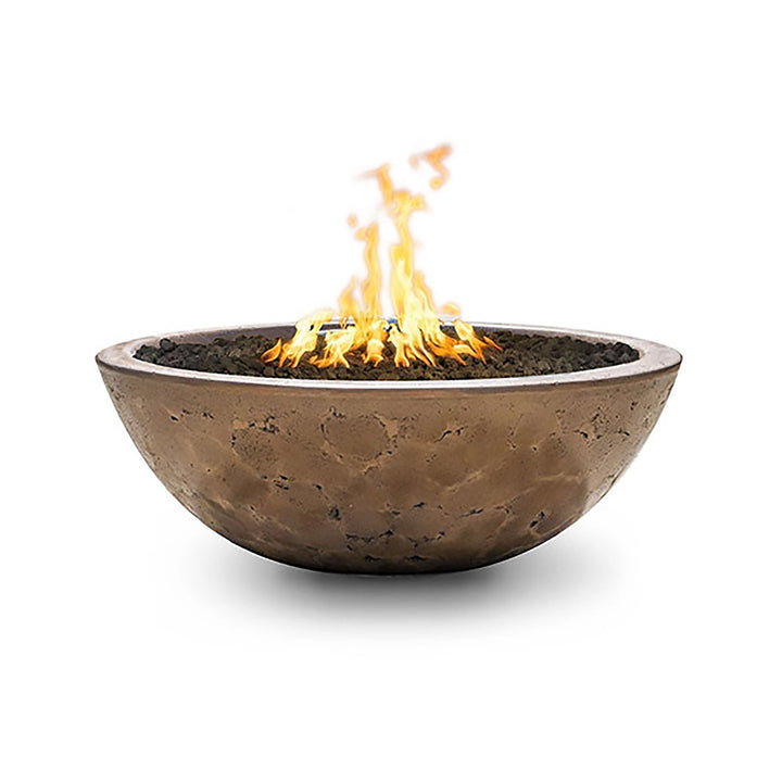 The Outdoor Plus 48" Sedona Concrete Gas Fire Pit in a Coffee finish, showcasing a medium brown color that blends well with various outdoor styles. The elegant curves and balanced proportions make it a versatile addition to any landscape design. This fire pit’s flames create a cozy atmosphere, ideal for evenings on the patio