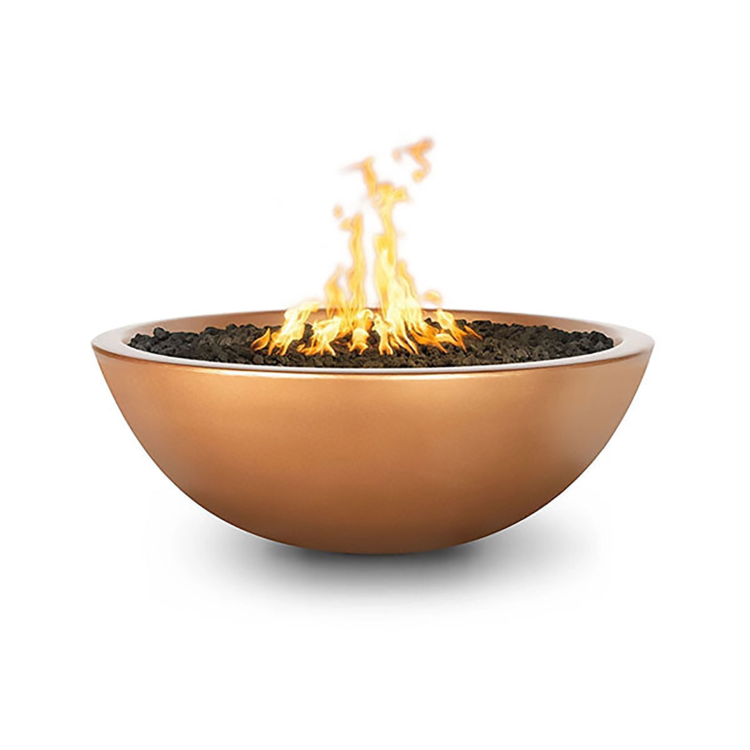 The Outdoor Plus 48" Sedona Concrete Gas Fire Pit in a radiant Copper finish, bringing a warm metallic glow to any outdoor setting. This eye-catching bowl design is perfect for upscale patios and gardens, combining elegant aesthetics with reliable performance. The shimmering copper surface reflects the light from the dancing flames, creating a visually stunning effect.