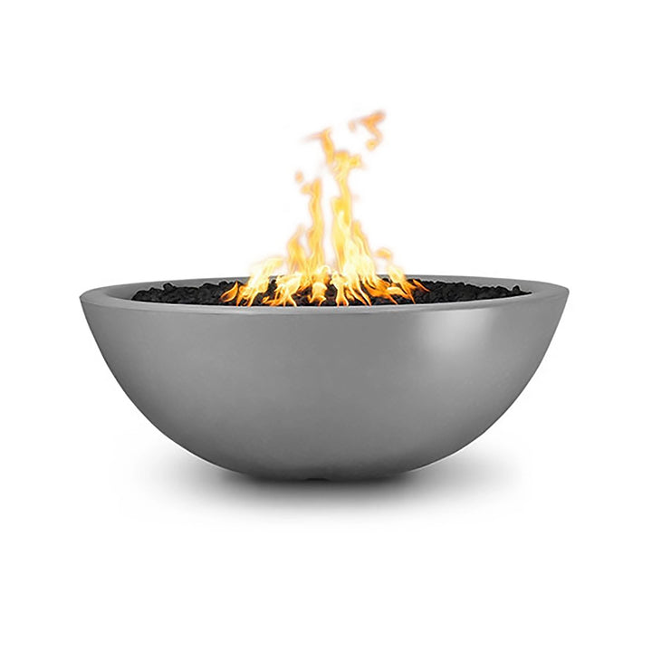 The Outdoor Plus 48" Sedona Concrete Gas Fire Pit in a deep natural gray finish. The neutral gray tone of this bowl-shaped fire pit blends seamlessly into both modern and traditional outdoor settings, enhancing the aesthetic of your patio or backyard. Made from high-quality concrete, this fire pit is designed for use with natural gas or propane, providing versatility and long-lasting beauty. Its spacious bowl can be filled with fire media like lava rocks or fire glass, making it perfect for adding warmth an