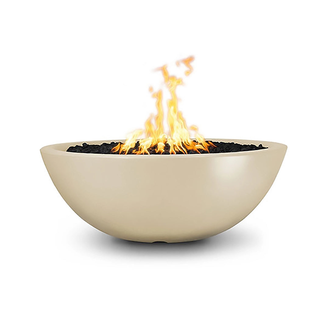 The Outdoor Plus 48" Sedona Concrete Gas Fire Pit featuring a smooth, rounded bowl design in a soft vanilla finish. This creamy vanilla color adds a warm and inviting touch, making it suitable for both traditional and modern outdoor settings. Crafted from high-quality concrete, it is designed for use with natural gas or propane, ensuring long-lasting durability. With its large bowl, it can hold fire media such as lava rocks or fire glass, creating a stunning visual display and enhancing your outdoor ambianc