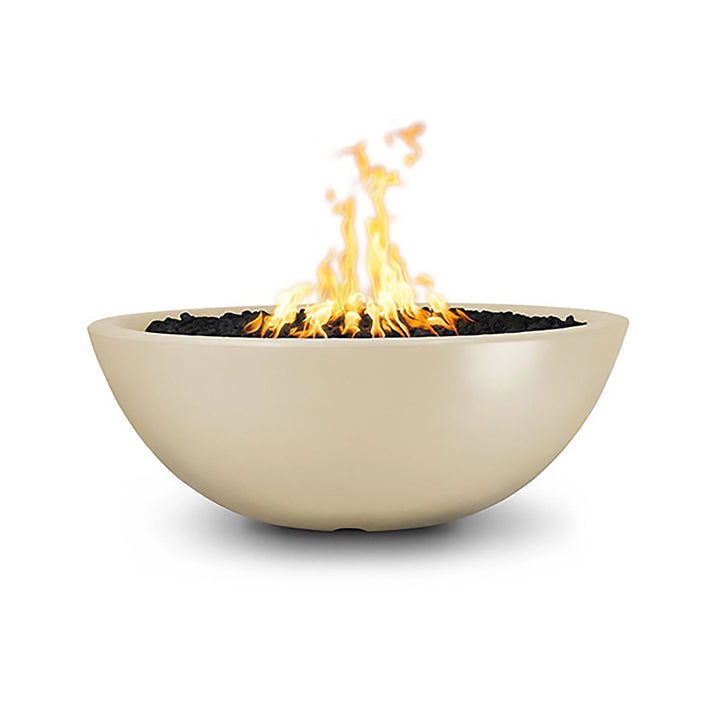 The Outdoor Plus 48" Sedona Concrete Gas Fire Pit featuring a smooth, rounded bowl design in a soft vanilla finish. This creamy vanilla color adds a warm and inviting touch, making it suitable for both traditional and modern outdoor settings. Crafted from high-quality concrete, it is designed for use with natural gas or propane, ensuring long-lasting durability. With its large bowl, it can hold fire media such as lava rocks or fire glass, creating a stunning visual display and enhancing your outdoor ambianc