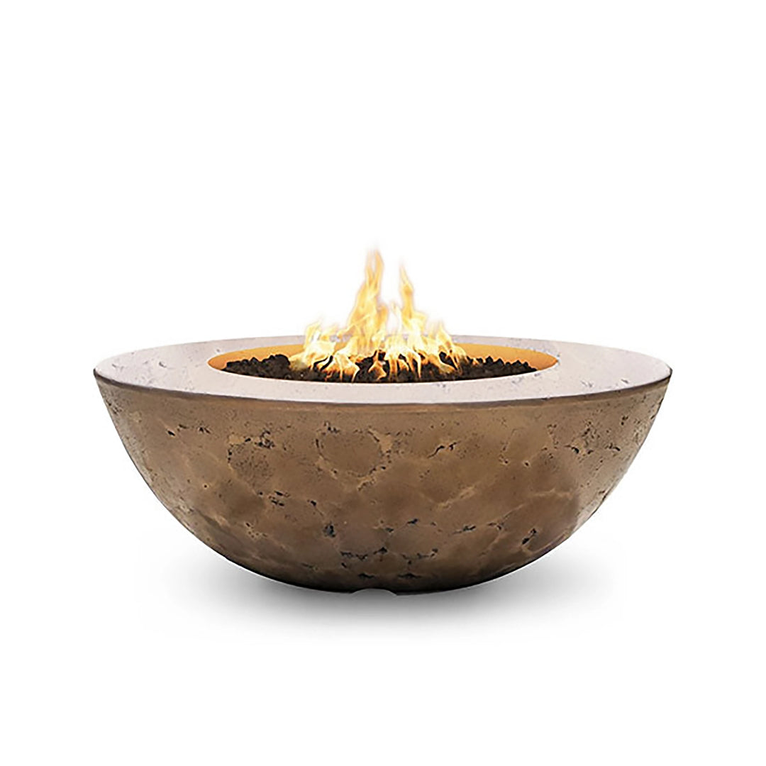 The Outdoor Plus 48-inch Sedona Wide Ledge Concrete Gas Fire Pit in a soft coffee brown finish, presenting a refined and elegant option for upscale outdoor living areas. The gentle coffee tone offers a warm and subtle aesthetic, perfect for creating a relaxing atmosphere. The wide ledge adds both style and function, making it suitable for placing decor or drinks around the fire. Includes a natural gas burner for efficient heat and a visually striking flame.