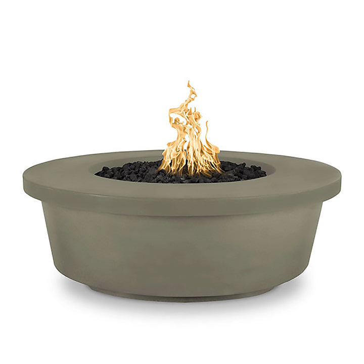 The Outdoor Plus 48-inch Tempe Concrete Gas Fire Pit in Ash finish. This fire pit features a smooth surface texture and a round bowl shape with a broad rim, making it an elegant centerpiece for any patio. The ash-colored concrete construction is durable and weather-resistant, providing a modern and sleek aesthetic. Ideal for outdoor spaces looking for a subtle yet contemporary fire pit option.