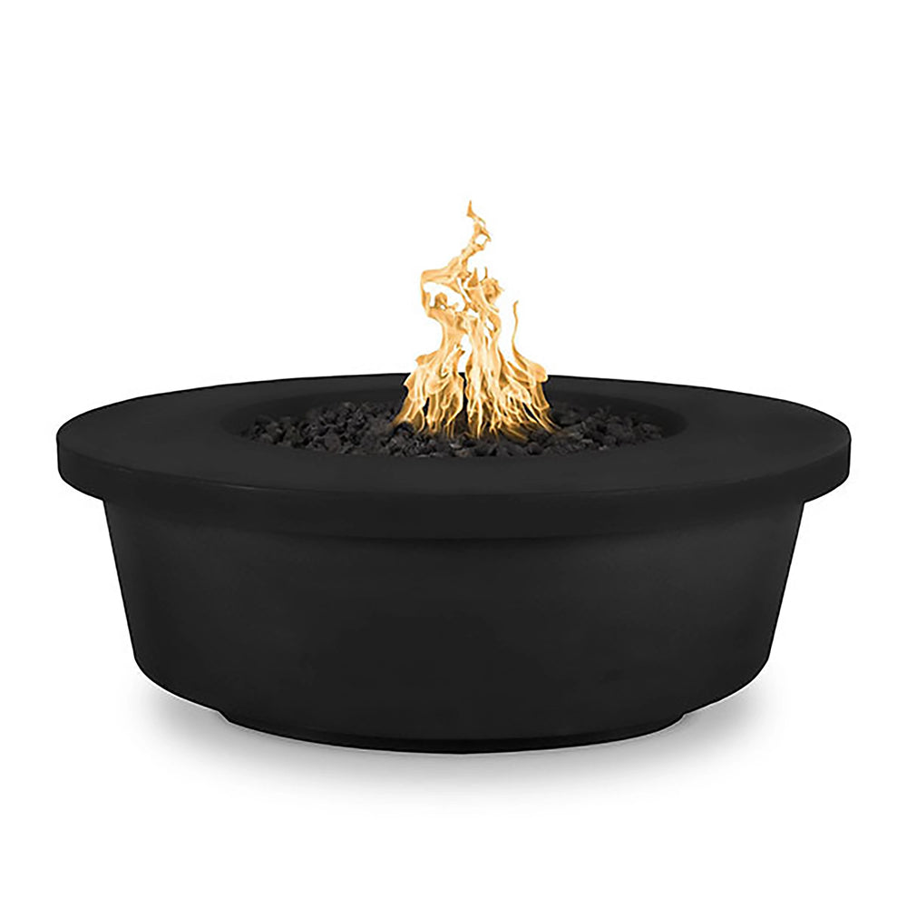 The Outdoor Plus 48-inch Tempe Concrete Gas Fire Pit in Black finish. This fire pit features a bold, matte black color that adds a touch of sophistication to outdoor living areas. Its round bowl design and substantial build make it a striking feature in backyards or patios. Made from high-quality concrete, it offers durability and resistance to the elements, making it perfect for long-term outdoor use.