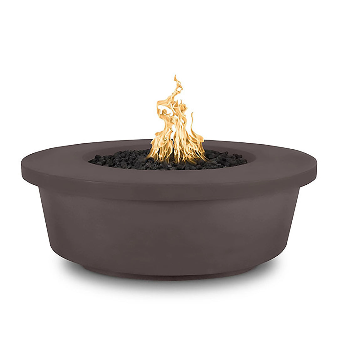 The Outdoor Plus 48-inch Tempe Concrete Gas Fire Pit in Chestnut finish. Featuring a rich chestnut color, this fire pit offers a sophisticated and earthy tone that enhances any outdoor space. Its wide-rimmed bowl shape and solid build are complemented by the smooth concrete texture, ensuring both visual appeal and functionality. Ideal for homeowners looking to add a warm, inviting fire feature to their patios or gardens. 