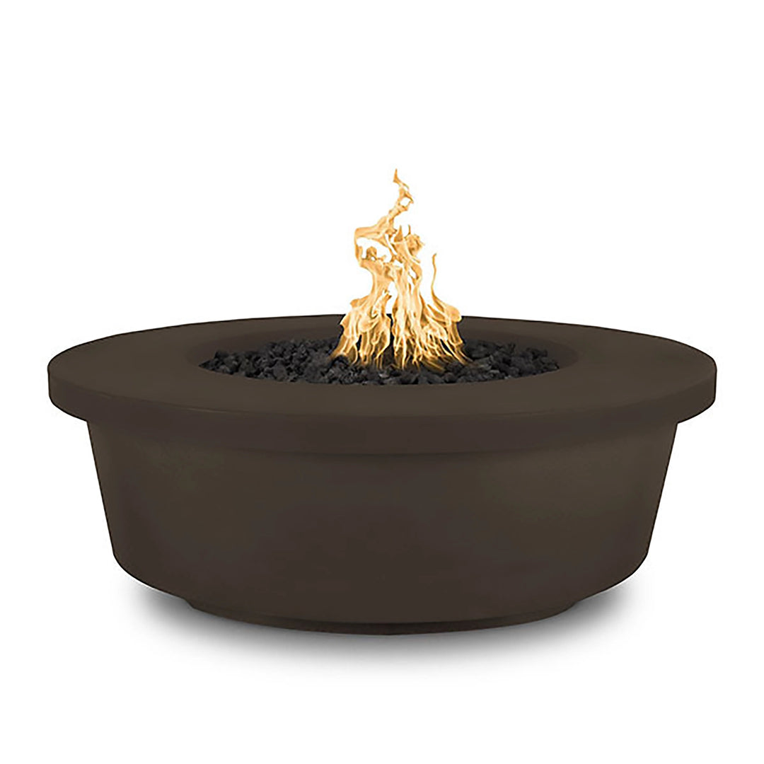 The Outdoor Plus 48-inch Tempe Concrete Gas Fire Pit in Chocolate finish. The deep chocolate color adds a luxurious touch to this round fire pit, making it a standout feature in any backyard. Constructed with high-quality concrete, this gas fire pit is built to withstand the elements while maintaining its vibrant color. The wide rim provides additional functionality, allowing for safe and comfortable use