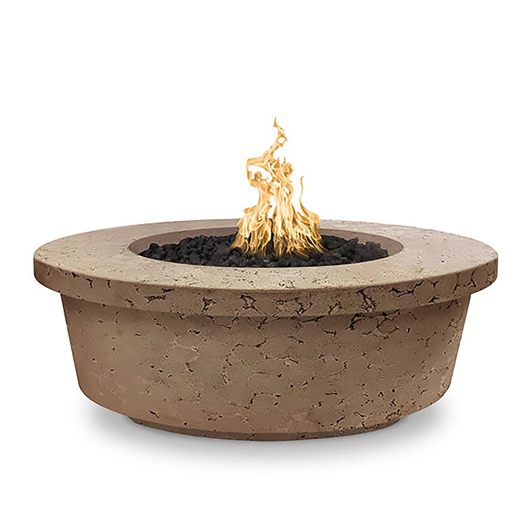 The Outdoor Plus 48-inch Tempe Concrete Gas Fire Pit in Coffee finish. This fire pit showcases a rich coffee hue, creating a stylish and contemporary look for outdoor settings. Its rounded bowl shape with a wide edge offers both aesthetic and practical benefits. The concrete construction ensures durability and longevity, making it a perfect addition to any patio or garden.