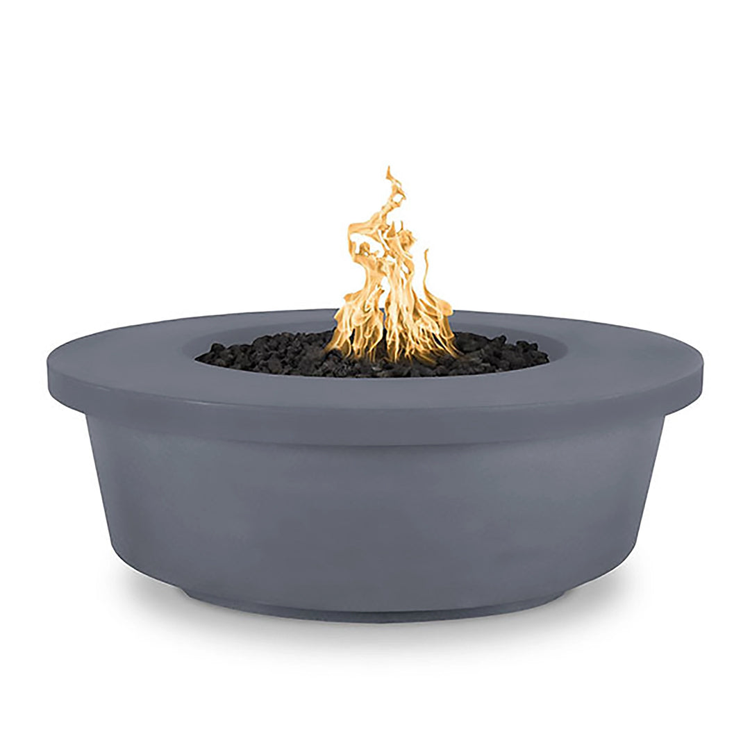 The Outdoor Plus 48-inch Tempe Concrete Gas Fire Pit in Gray finish. This contemporary fire pit in a soft gray tone adds a sleek and minimalist look to outdoor areas. Its wide-rimmed bowl shape and solid concrete construction make it a durable and stylish centerpiece for any patio or garden. The natural gray color blends seamlessly with a variety of outdoor décors, enhancing the overall aesthetic.