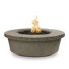 The Outdoor Plus 48" Tempe Concrete Gas Fire Pit in Moss Stone finish features a sturdy round structure with a textured moss-green hue, offering a natural, earthy aesthetic. This elegant fire pit is designed with a wide rim and a central burner surrounded by black lava rocks, making it an ideal centerpiece for outdoor spaces.