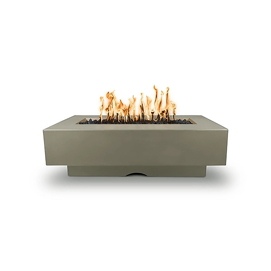 The Outdoor Plus 60-inch Del Mar Concrete Gas Fire Pit in ash color, showcasing a sleek, modern design with natural gas flames. Ideal for backyard ambiance and outdoor gatherings. Durable ash concrete finish enhances patio aesthetics. Perfect for a luxurious outdoor experience with a gas-fueled flame