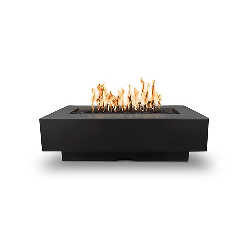 The Outdoor Plus 60-inch Del Mar Concrete Gas Fire Pit in black color, a stylish rectangular fire pit for modern patios. Features a bold black concrete finish and impressive flames, creating a focal point for any outdoor setting. Durable, weather-resistant design for long-lasting outdoor use.