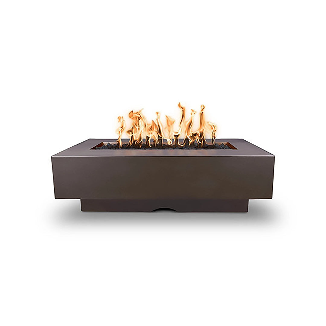 The Outdoor Plus 60-inch Del Mar Concrete Gas Fire Pit in chestnut color, featuring a premium concrete design with lively gas flames. Chestnut finish complements various outdoor decor styles, providing both warmth and elegance to backyard spaces.