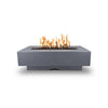 The Outdoor Plus 60-inch Del Mar Concrete Gas Fire Pit in gray color, featuring a modern, minimalist design with natural gas flames. Durable gray concrete finish complements any outdoor decor, providing warmth and style to patio spaces.