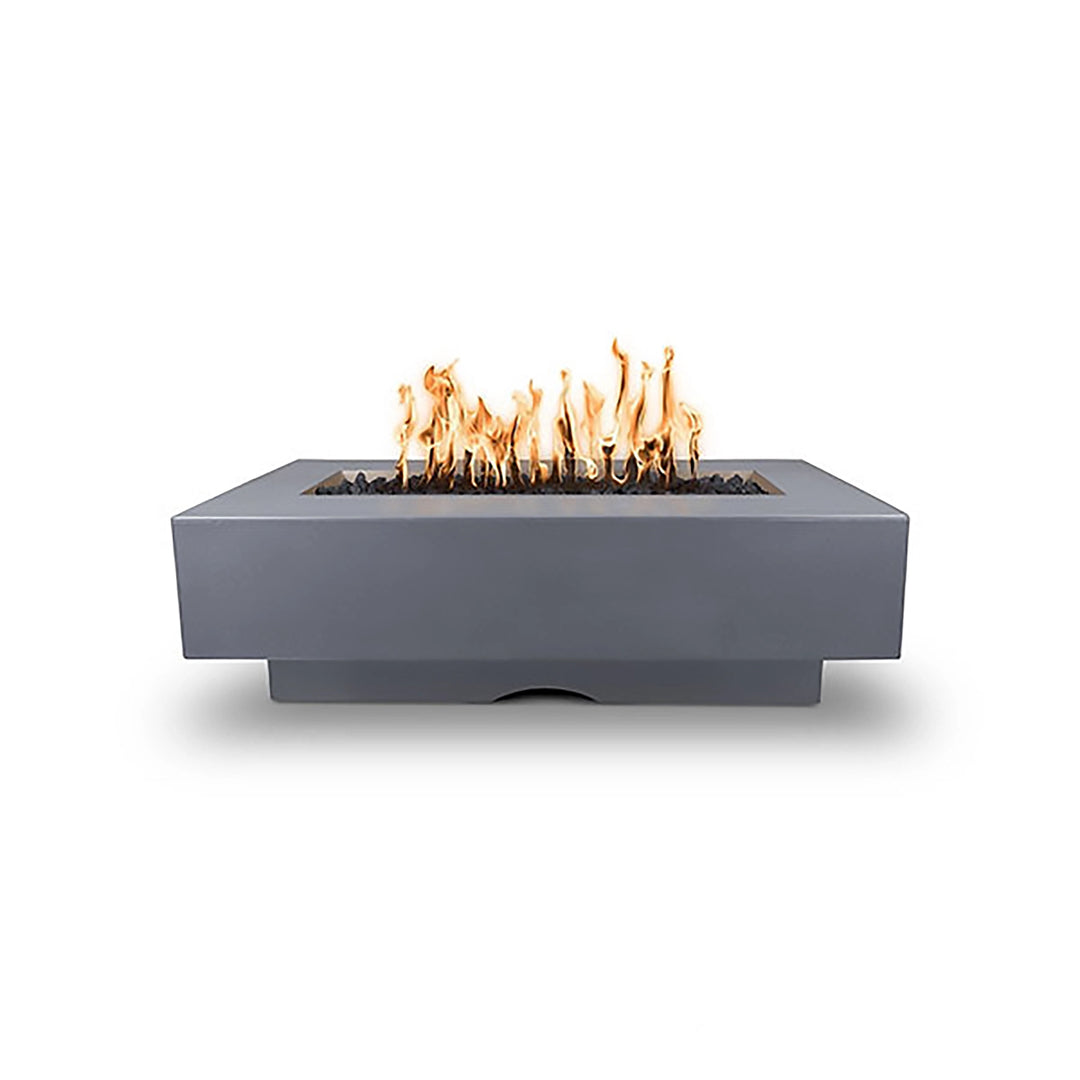 The Outdoor Plus 60-inch Del Mar Concrete Gas Fire Pit in gray color, featuring a modern, minimalist design with natural gas flames. Durable gray concrete finish complements any outdoor decor, providing warmth and style to patio spaces.