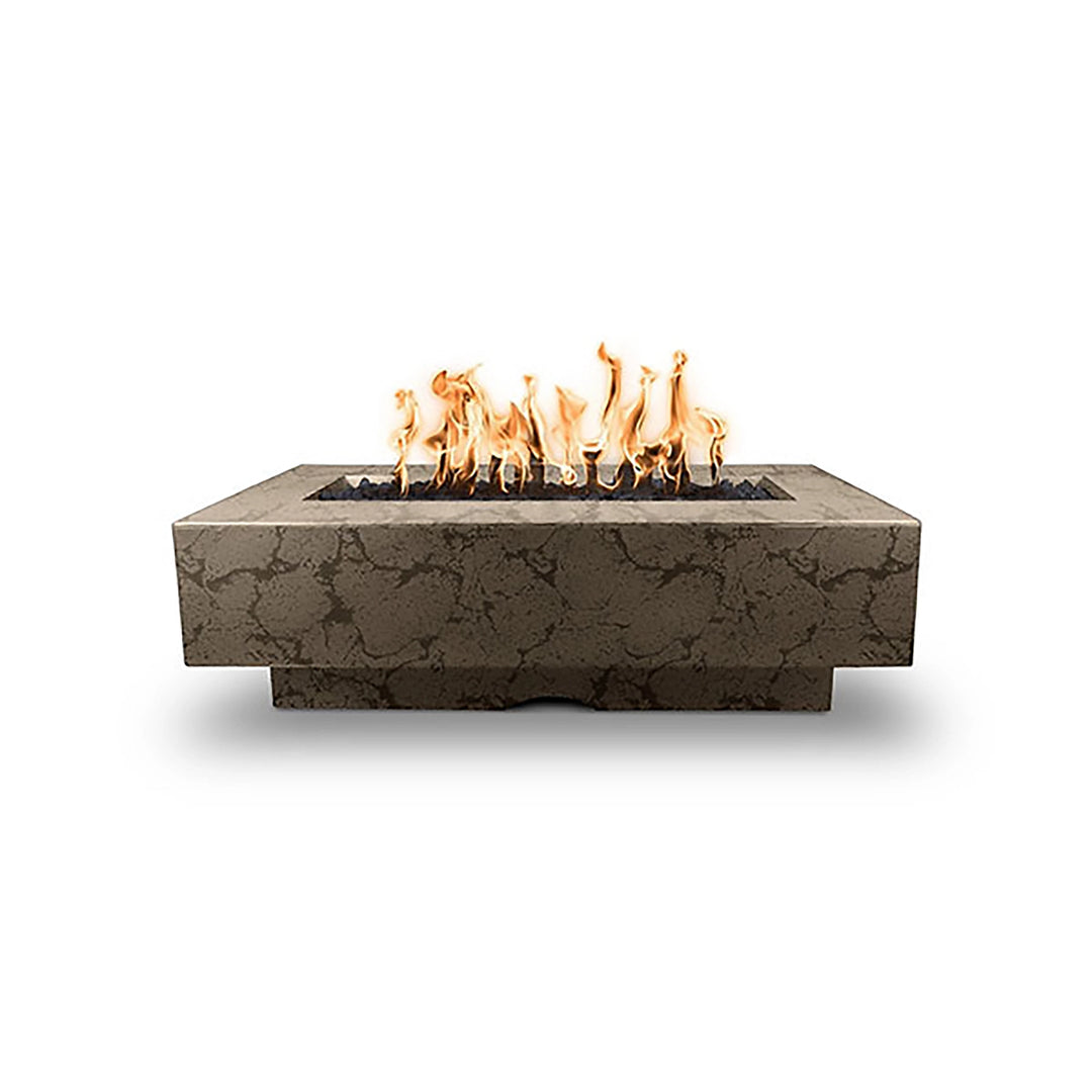 The Outdoor Plus 60-inch Del Mar Concrete Gas Fire Pit in Moss Stone, showcasing a contemporary rectangular design with smooth edges and a vibrant flame. Perfect for enhancing outdoor ambiance with durable, high-quality concrete construction.